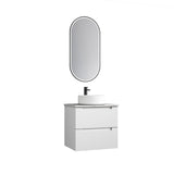 Bathroom vanity with sink and mirror on a white background