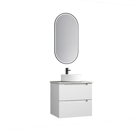 Bathroom vanity with sink and mirror on a white background