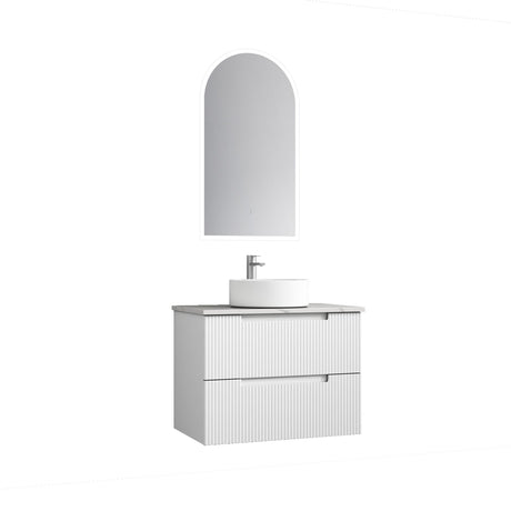 Bathroom vanity with sink and mirror on a white background
