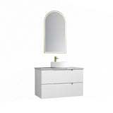 Bathroom vanity with mirror and sink on a white background