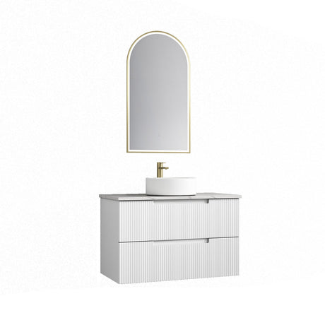 Bathroom vanity with mirror and sink on a white background