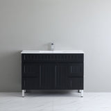 Black bathroom vanity with white countertop against a gray wall