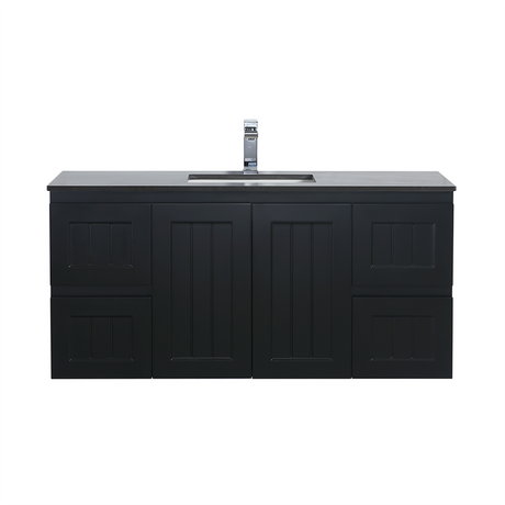 Black bathroom vanity with sink on a white background