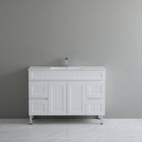 White bathroom vanity with sink against a gray wall