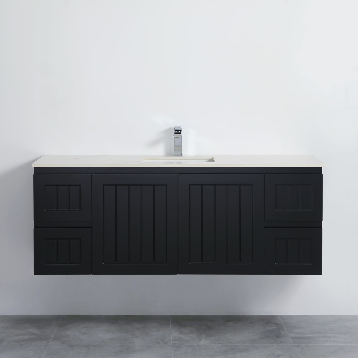 Black bathroom vanity with white countertop against a white wall