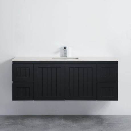 Black bathroom vanity with white countertop against a white wall