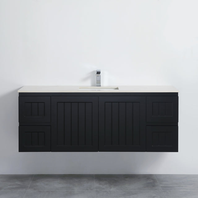 Black bathroom vanity with white countertop against a white wall
