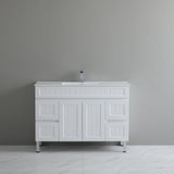 White bathroom vanity with sink against a gray wall