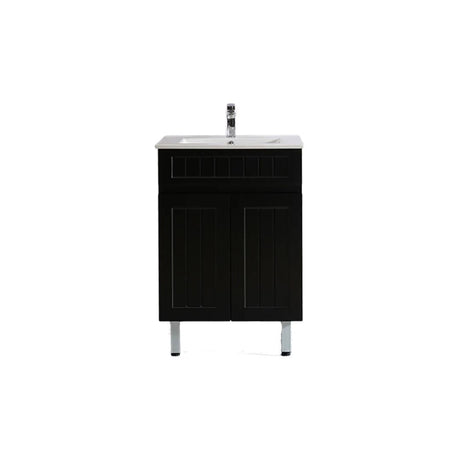 A black bathroom vanity cabinet with a white sink basin and a chrome faucet, shown against a plain white background.