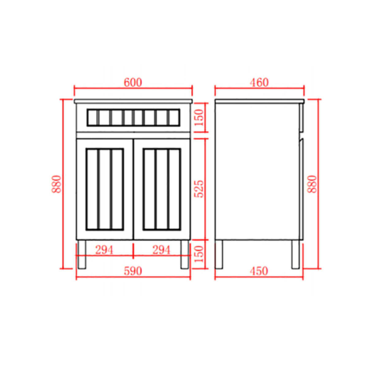 Technical drawing of a cabinet with dimensions labeled