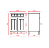 Technical drawing of a cabinet with dimensions labeled