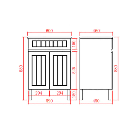 Technical drawing of a cabinet with dimensions labeled