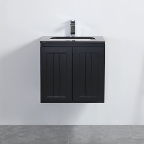 Black wall-mounted cabinet with a sink on a white background