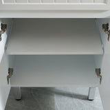 White cabinet with open drawer on a gray tiled floor