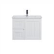 White bathroom vanity with sink and faucet on a white background