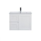White bathroom vanity with sink and faucet on a white background