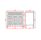 Technical drawing of a cabinet with dimensions labeled
