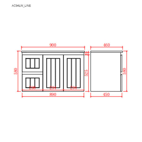 Technical drawing of a cabinet with dimensions labeled
