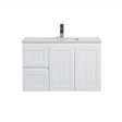 White bathroom vanity with sink on a white background