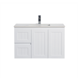 White bathroom vanity with sink on a white background