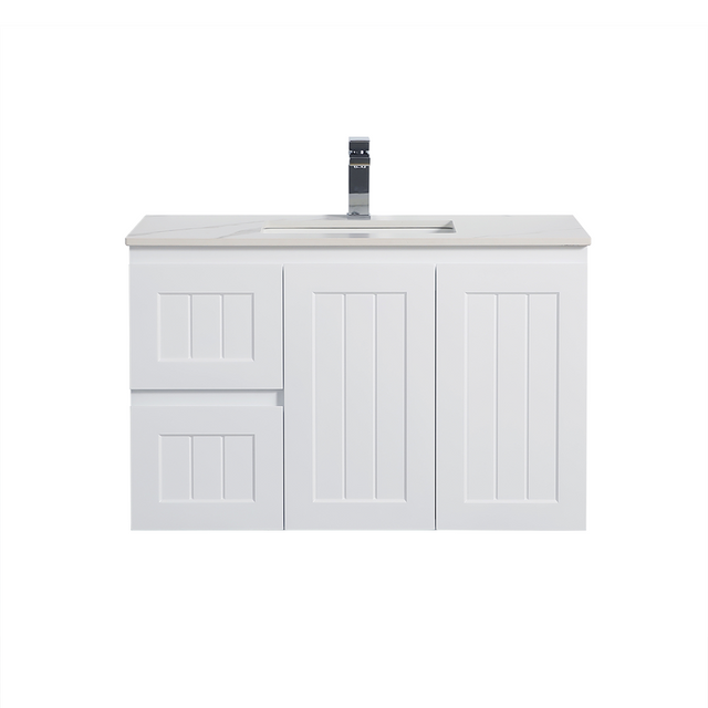 White bathroom vanity with sink on a white background