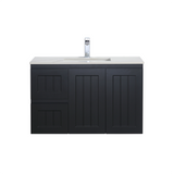 Black bathroom vanity with white countertop and faucet on a white background