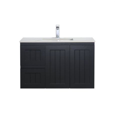 Black bathroom vanity with white countertop and faucet on a white background