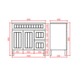 Technical drawing of a bathroom vanity with dimensions