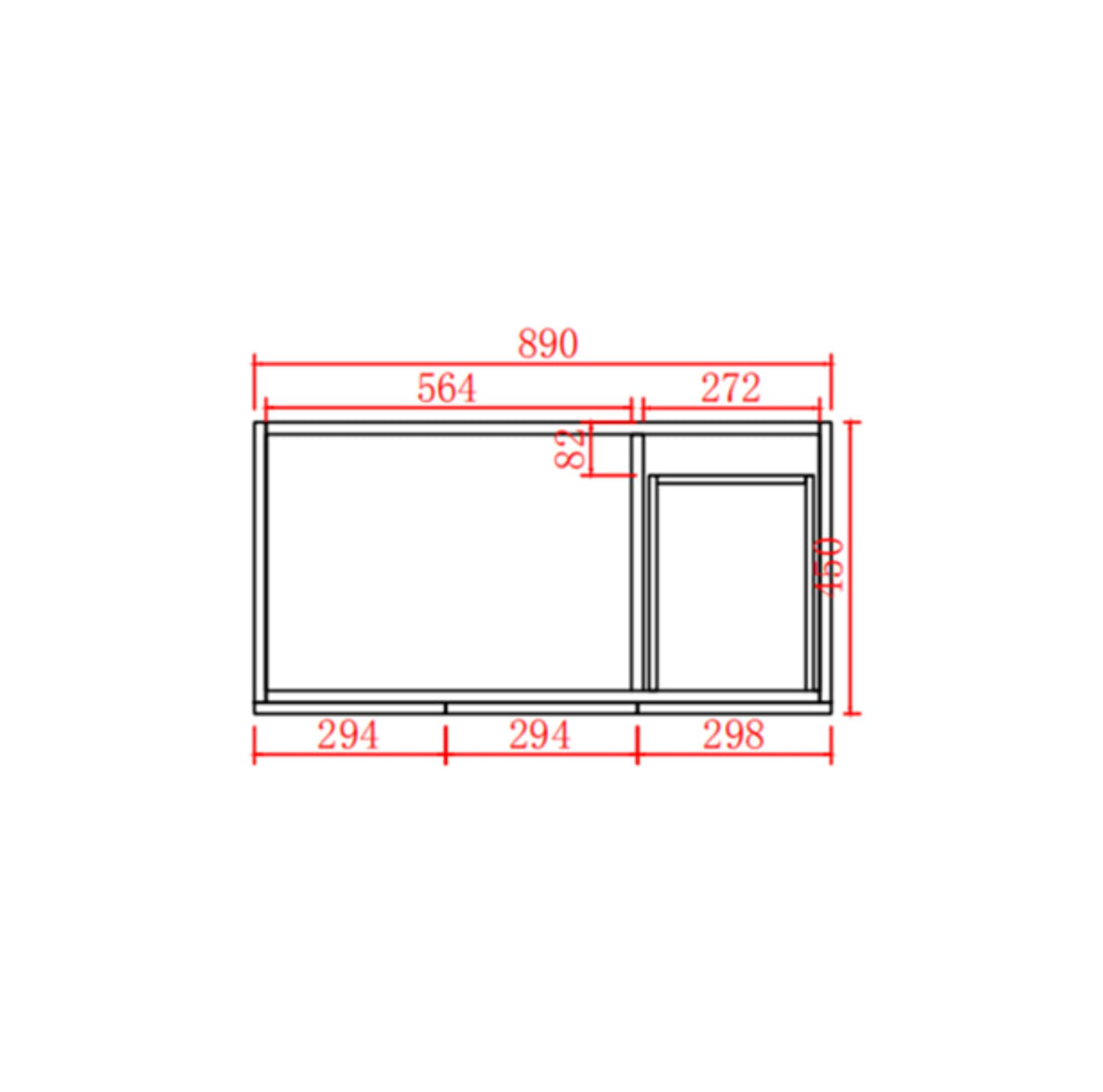 Technical drawing of a window with dimensions labeled
