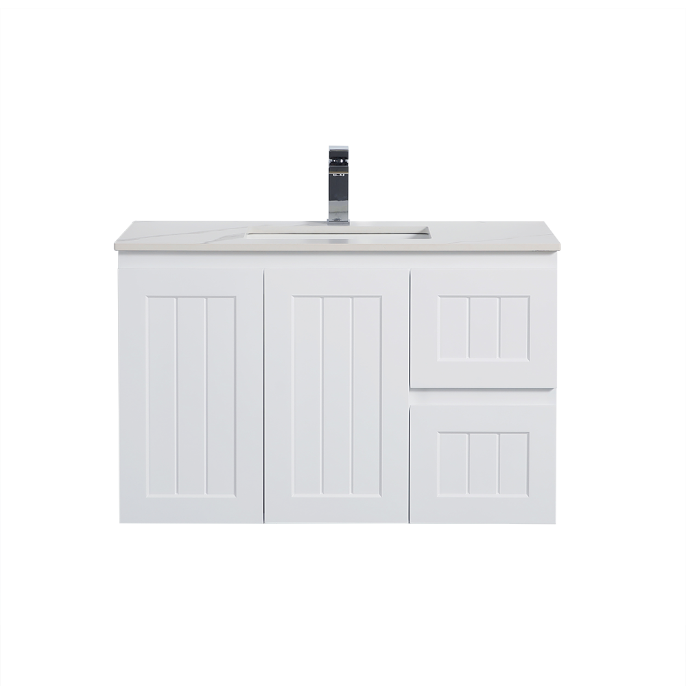 White bathroom vanity with a sink on a white background
