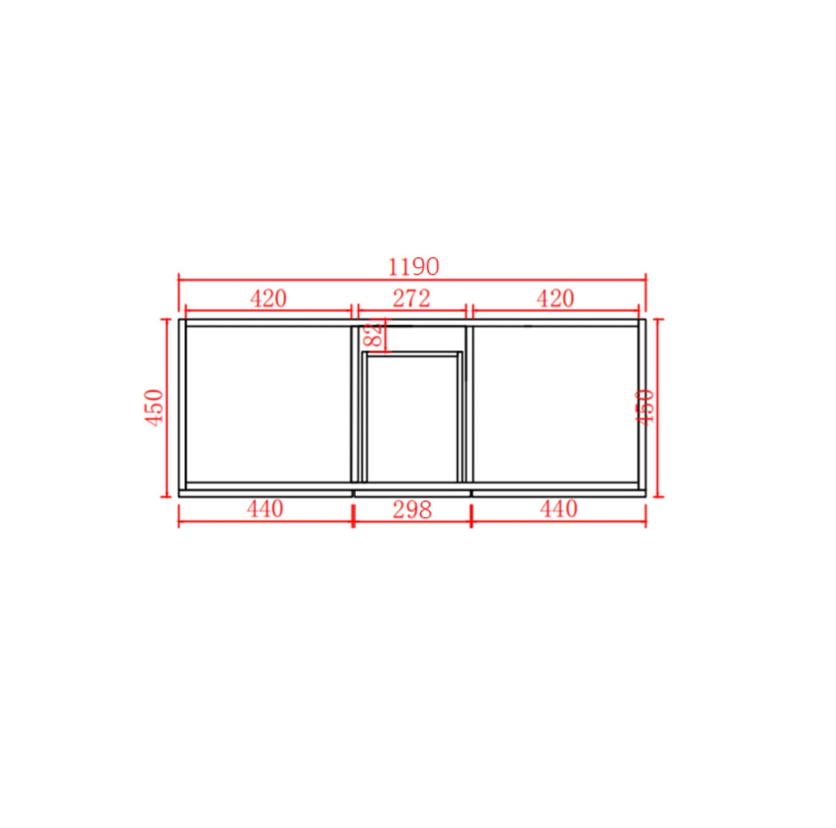 Technical drawing of a window with dimensions labeled