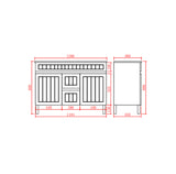Technical drawing of a cabinet with dimensions labeled
