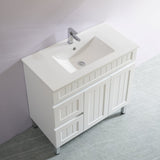 White bathroom vanity with sink against a light gray wall.