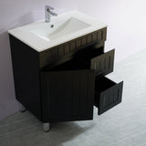 Bathroom vanity with open drawer and sink on a white background