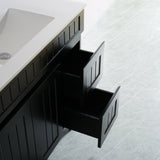 Bathroom vanity with open drawer on a tiled floor
