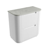 White cabinet with a marble-like top on a white background