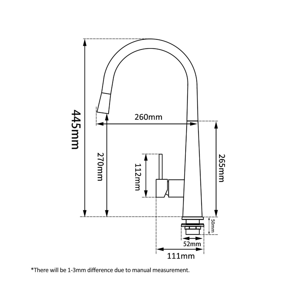 Technical drawing of a kitchen faucet with dimensions