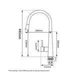 Technical drawing of a kitchen faucet with dimensions