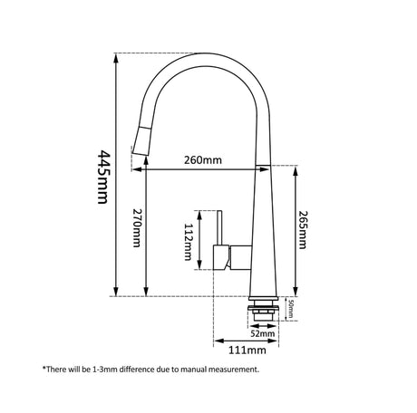 Technical drawing of a kitchen faucet with dimensions