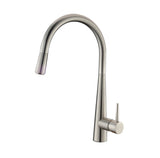 Stainless steel kitchen faucet on a white background
