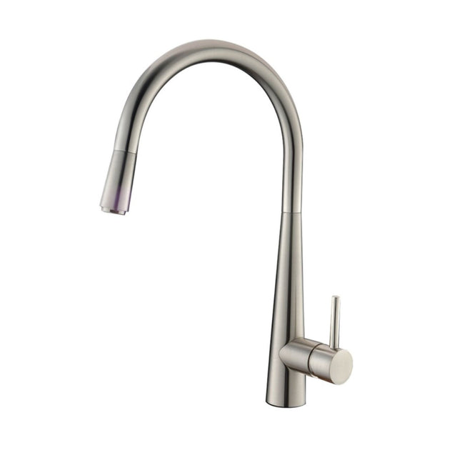 Stainless steel kitchen faucet on a white background
