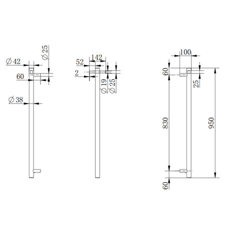 Round Vertical Matt Black Electric Heated Towel Rack – Single Bar drawing details