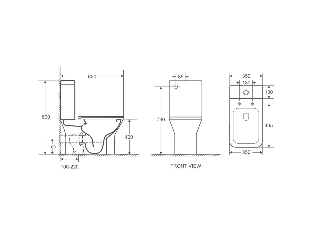 Technical drawing of a toilet with dimensions labeled