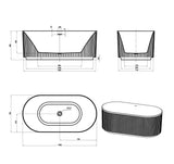 Technical drawing of a free standing bath with dimensions