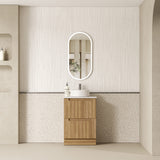 Bathroom with Lovina 600mm Harvest Oak Floor Standing Vanity and mirror