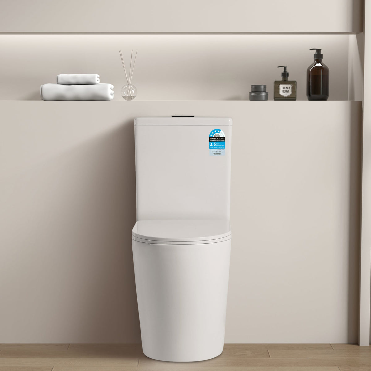 White toilet in a bathroom with a neutral color scheme