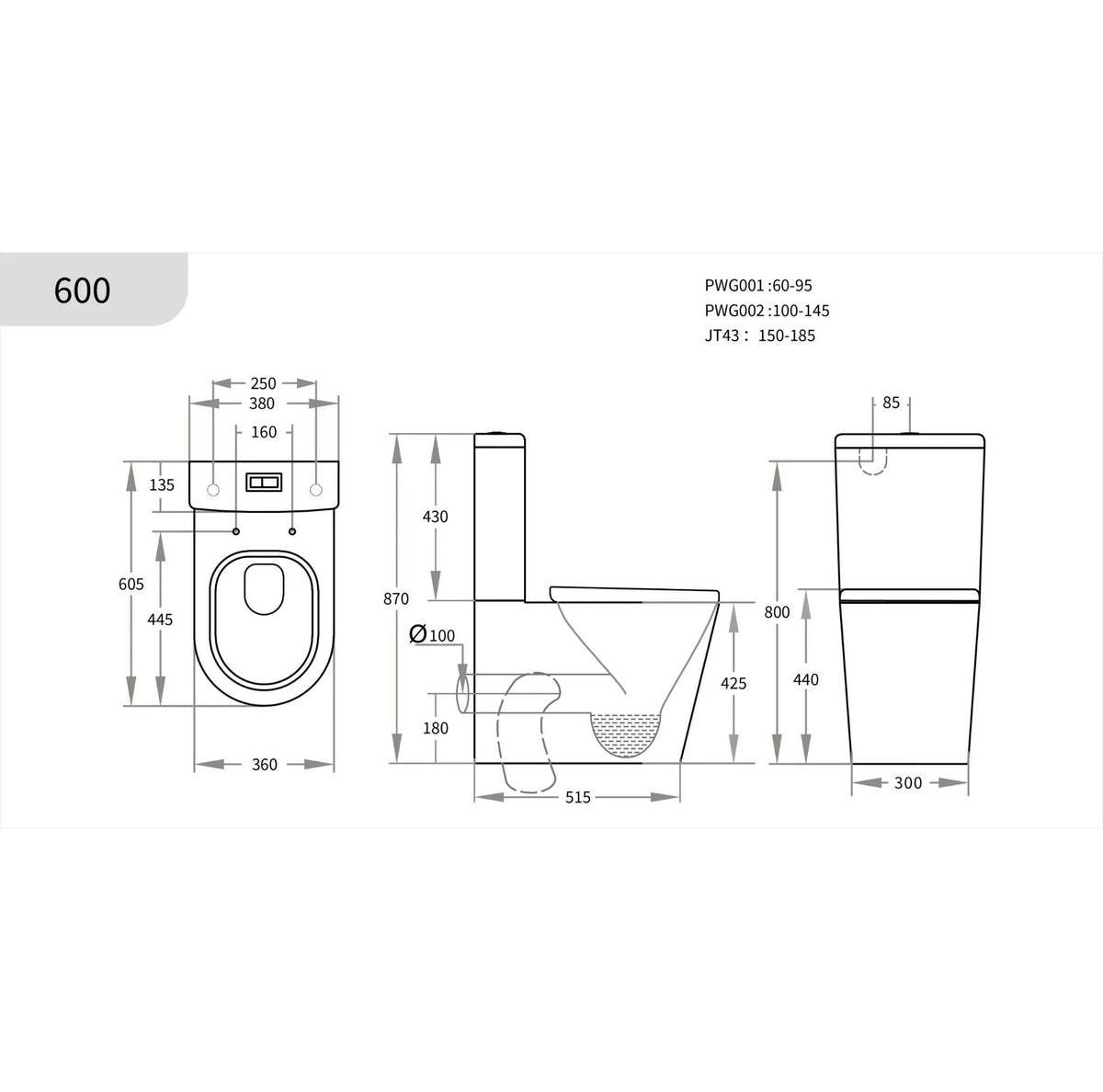 Technical dimension drawing of a wall-mounted toilet with front, side, and top views, showing measurements and part numbers on a white background.