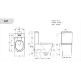 Technical dimension drawing of a wall-mounted toilet with front, side, and top views, showing measurements and part numbers on a white background.
