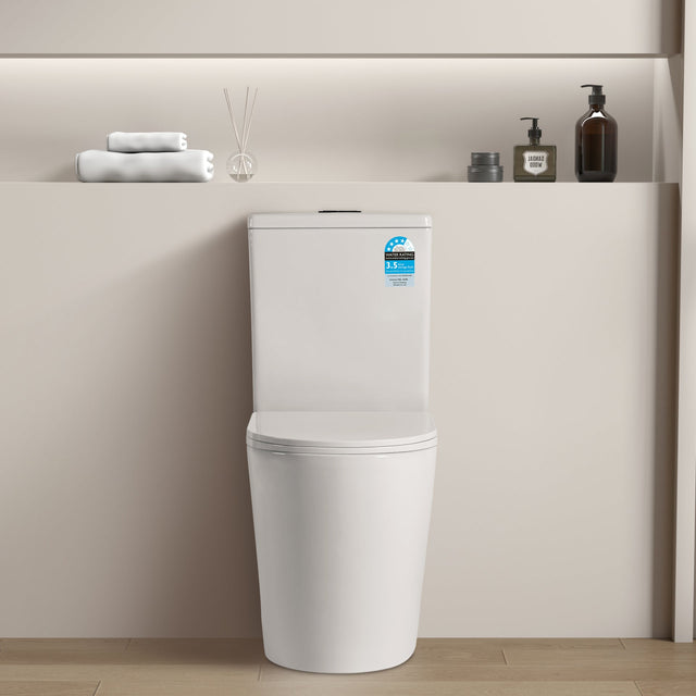 White toilet in a bathroom setting with a neutral color scheme
