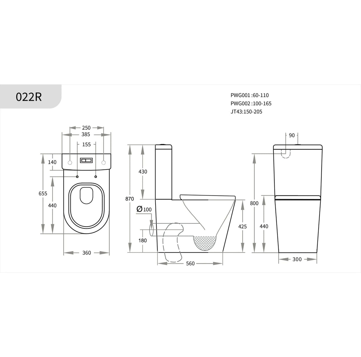 Technical dimension drawing of a wall-mounted toilet with front, side, and back views, including measurements and part numbers on a white background.